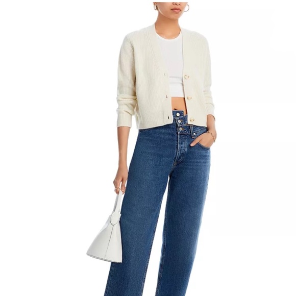 Luxurious 100% Cashmere V-Neck Novelty Stitch Cardigan By Aqua in Ivory - Picture 1 of 6